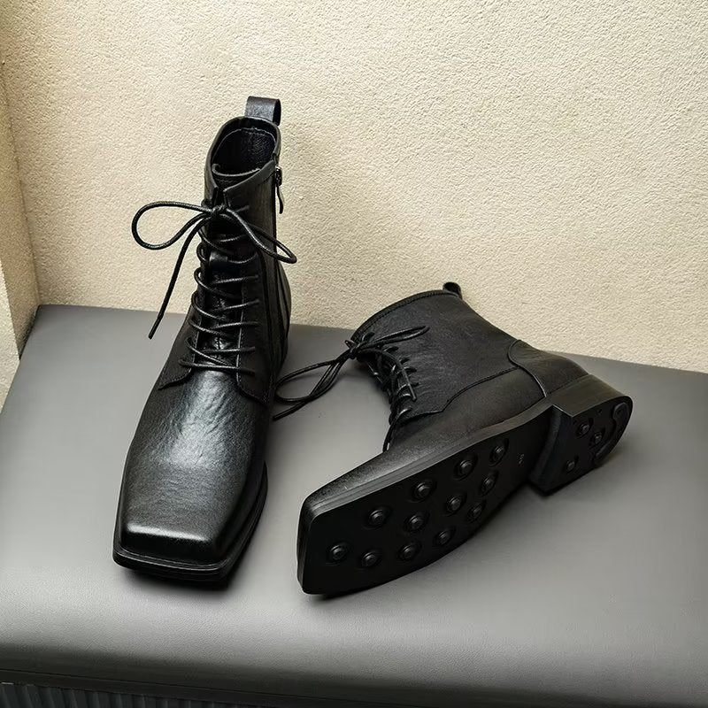 Botki Męskie Eleganckie Chelsea Z Kwadratowymi Noskami Prawdziwej Skóry - Czarne
