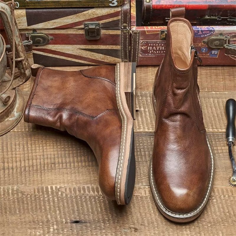 Botki Męskie Eleganckie Na Obcasie Wsuwane Ze Skóry Bydlęcej - Kawa