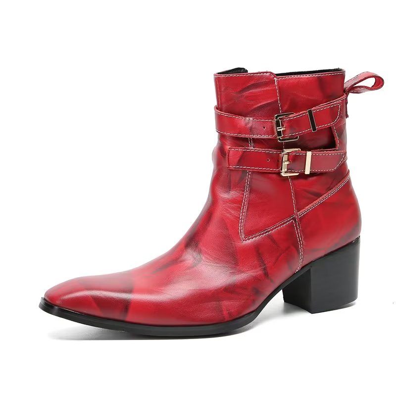 Botki Męskie Eleganckie Skórzane - Czerwony