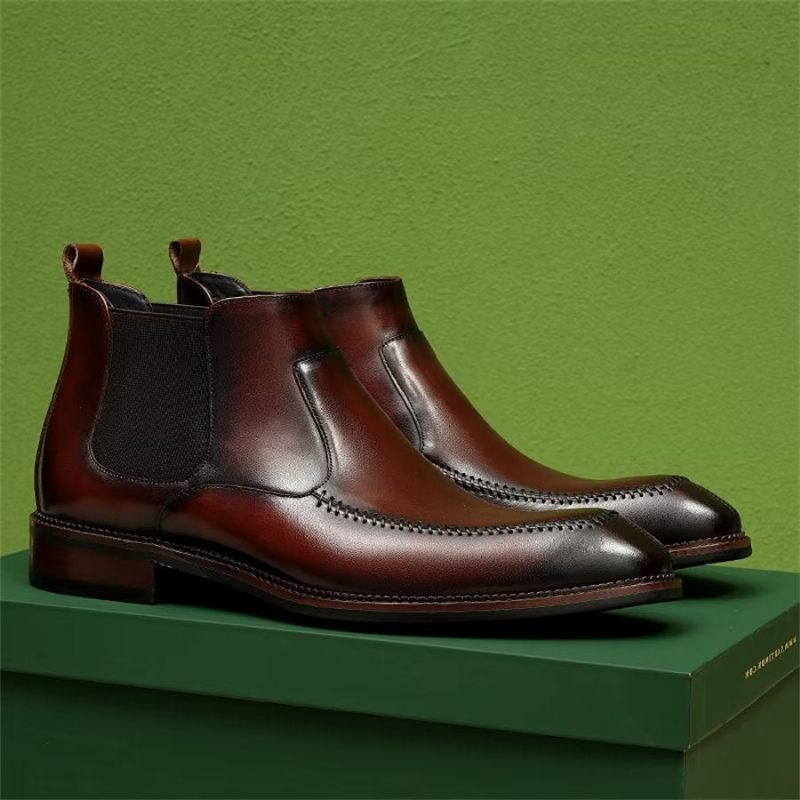 Botki Męskie Eleganckie Skórzane Chelsea Z Kwadratowymi Noskami - Burgundowy