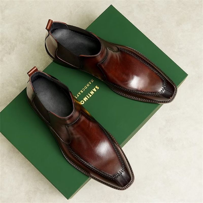 Botki Męskie Eleganckie Skórzane Chelsea Z Kwadratowymi Noskami - Burgundowy