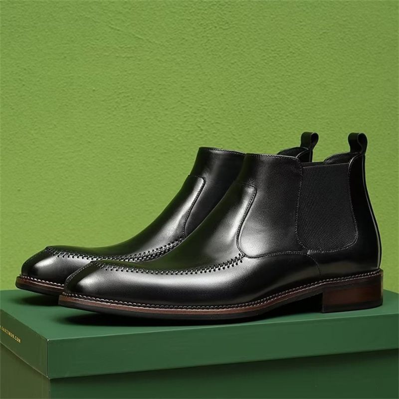 Botki Męskie Eleganckie Skórzane Chelsea Z Kwadratowymi Noskami - Czarny