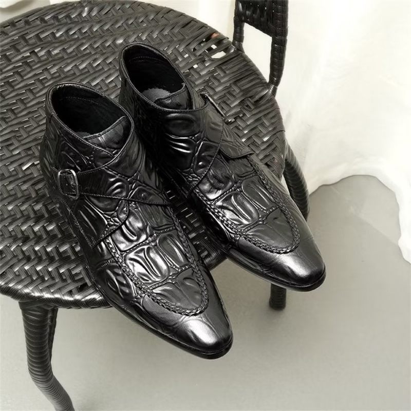 Botki Męskie Eleganckie Skórzane Chelsea Z Kwadratowymi Noskami I Klamrą - Brązowy
