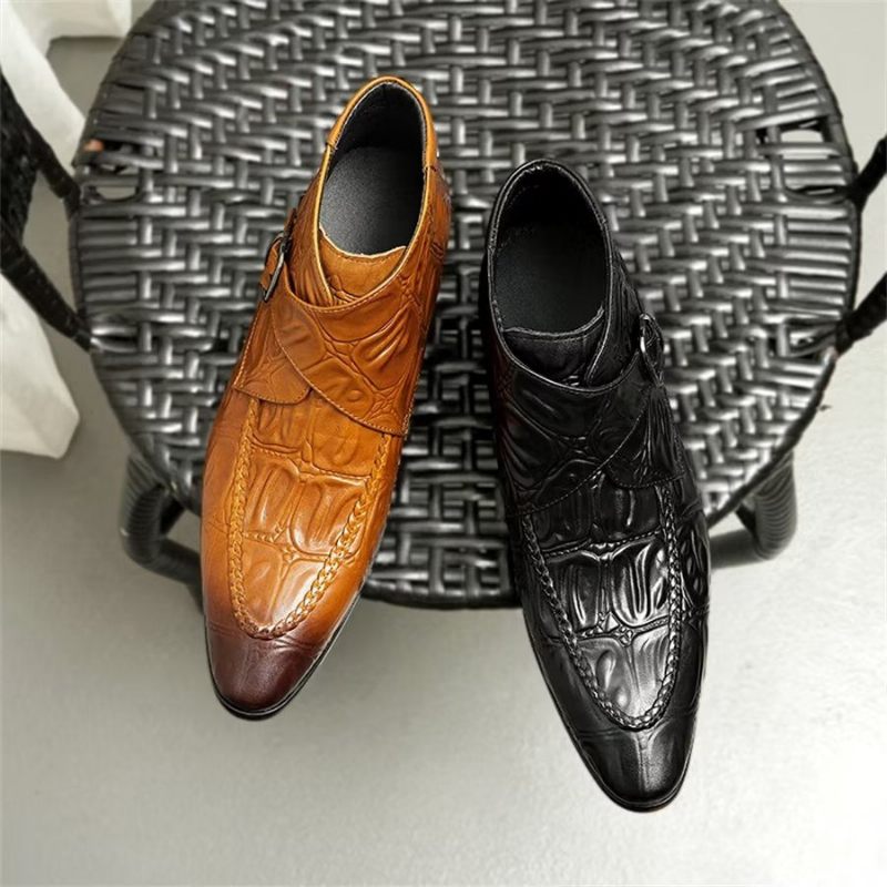 Botki Męskie Eleganckie Skórzane Chelsea Z Kwadratowymi Noskami I Klamrą - Brązowy