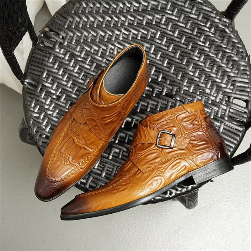 Botki Męskie Eleganckie Skórzane Chelsea Z Kwadratowymi Noskami I Klamrą - Brązowy