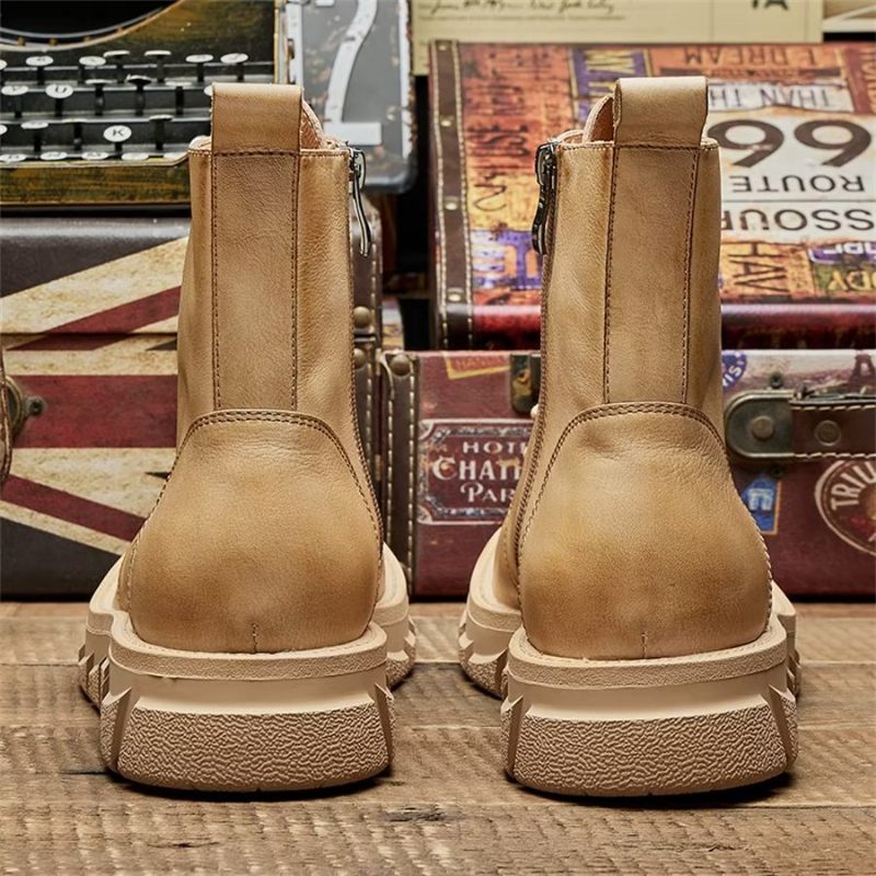 Botki Męskie Eleganckie Sznurowane Ze Skóry Bydlęcej Zapinane Na Klamrę - Khaki