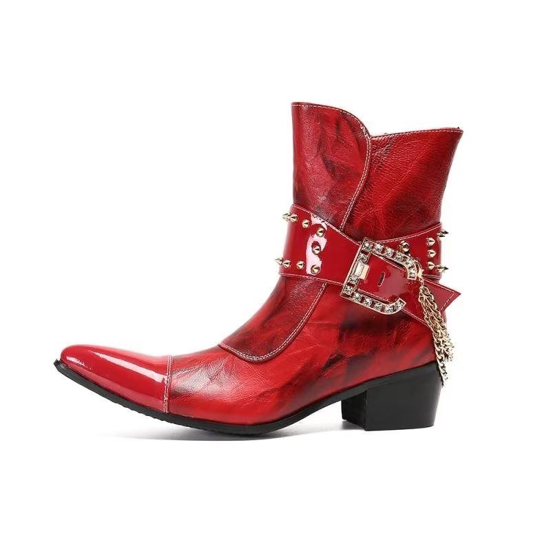 Buty Męskie Efektowne Skórzane Eleganckie Botki - Czerwony