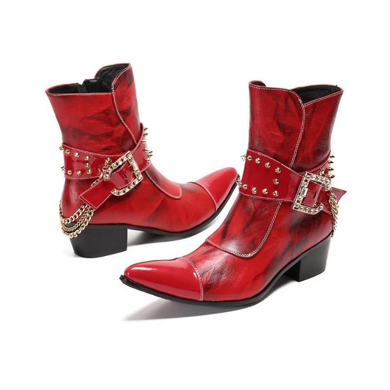 Buty Męskie Efektowne Skórzane Eleganckie Botki - Czerwony