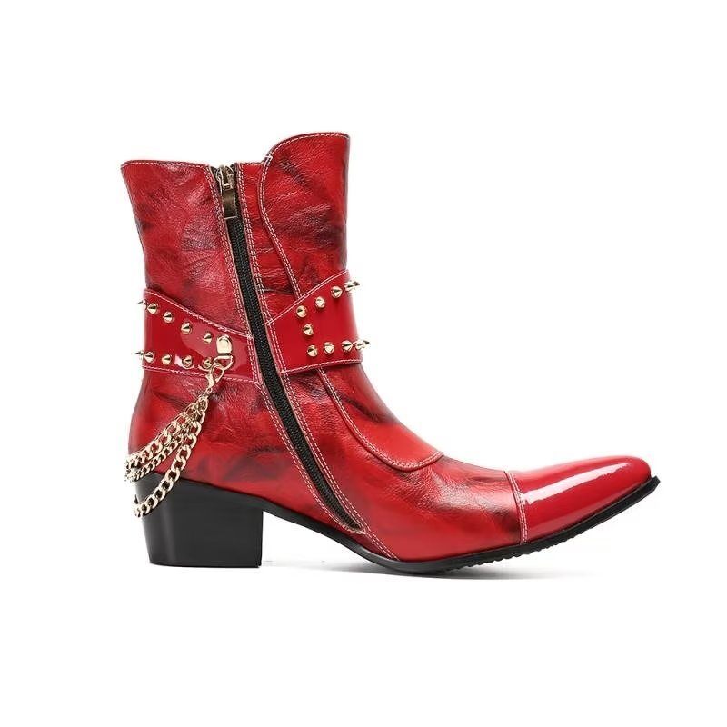 Buty Męskie Efektowne Skórzane Eleganckie Botki - Czerwony