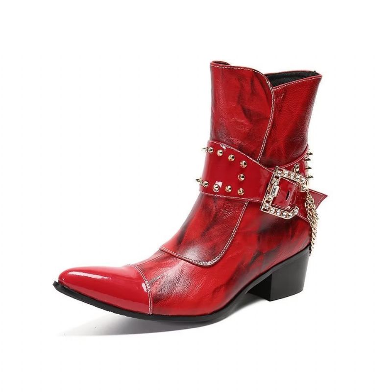 Buty Męskie Efektowne Skórzane Eleganckie Botki - Czerwony