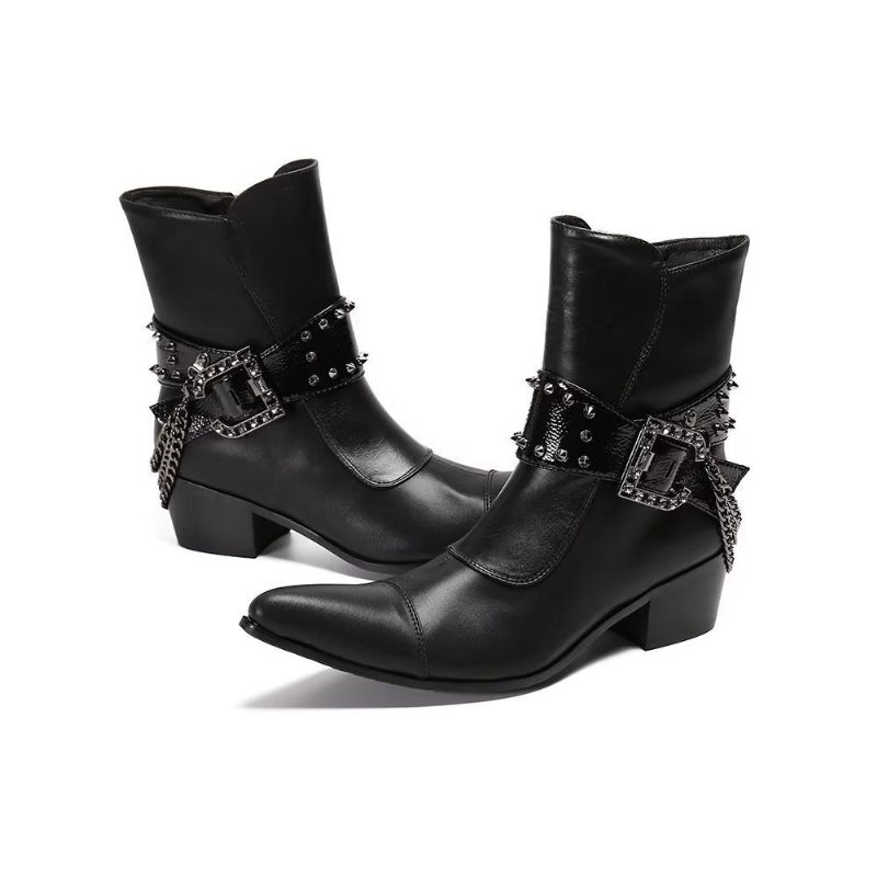 Buty Męskie Efektowne Skórzane Eleganckie Botki - Czarny