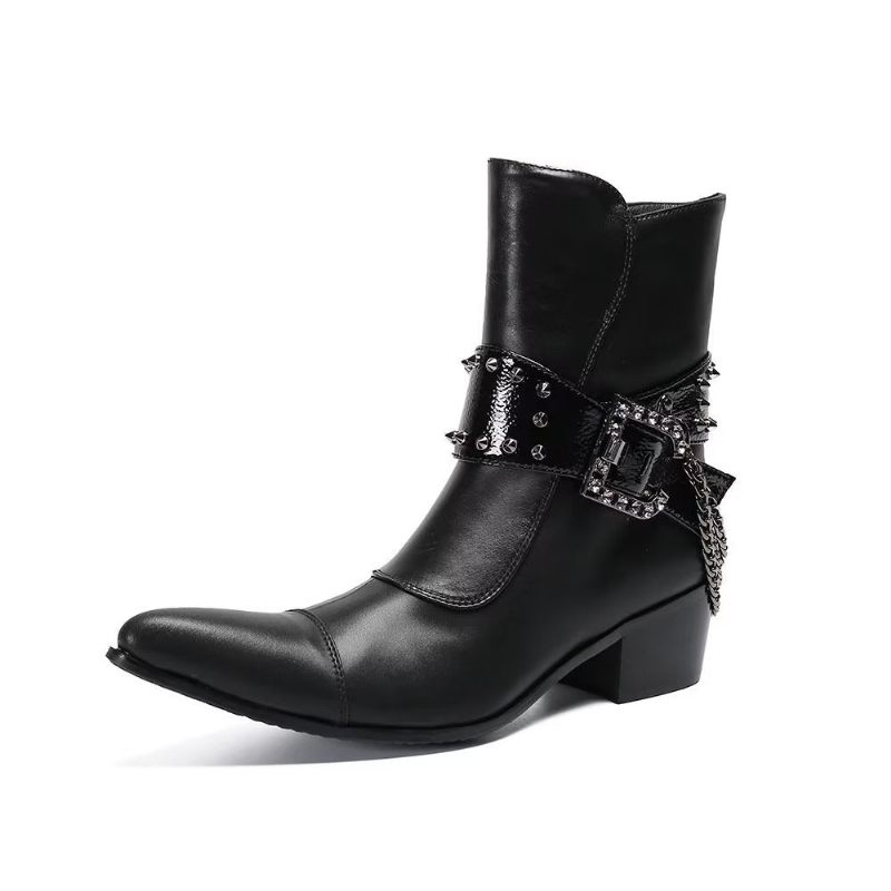 Buty Męskie Efektowne Skórzane Eleganckie Botki - Czarny