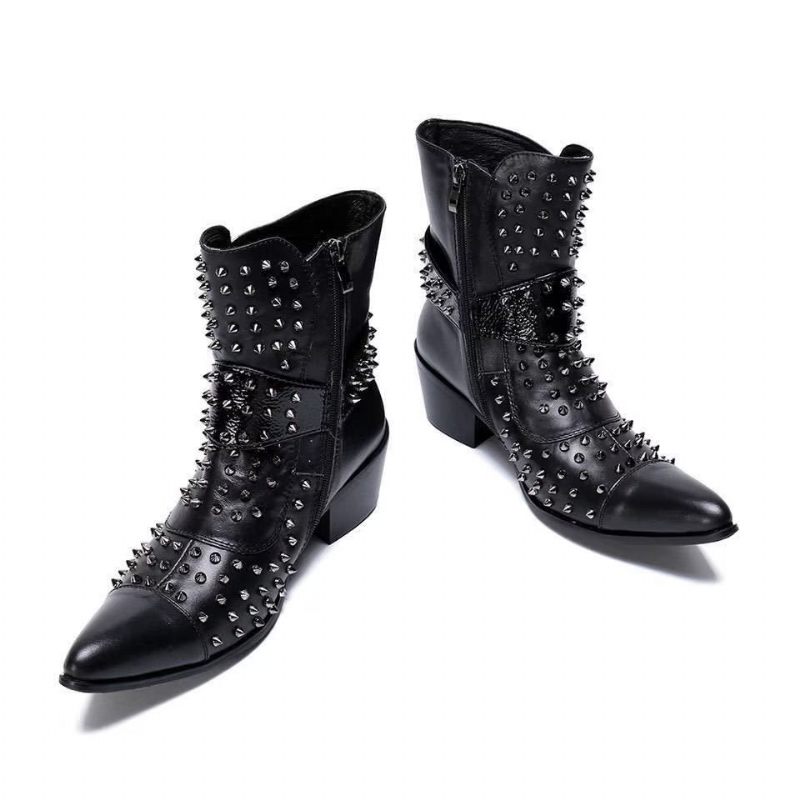 Buty Męskie Efektowne Skórzane Eleganckie Botki - Czarny 1