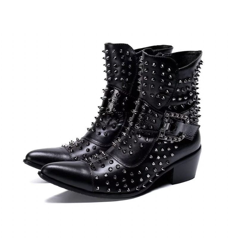 Buty Męskie Efektowne Skórzane Eleganckie Botki - Czarny 1