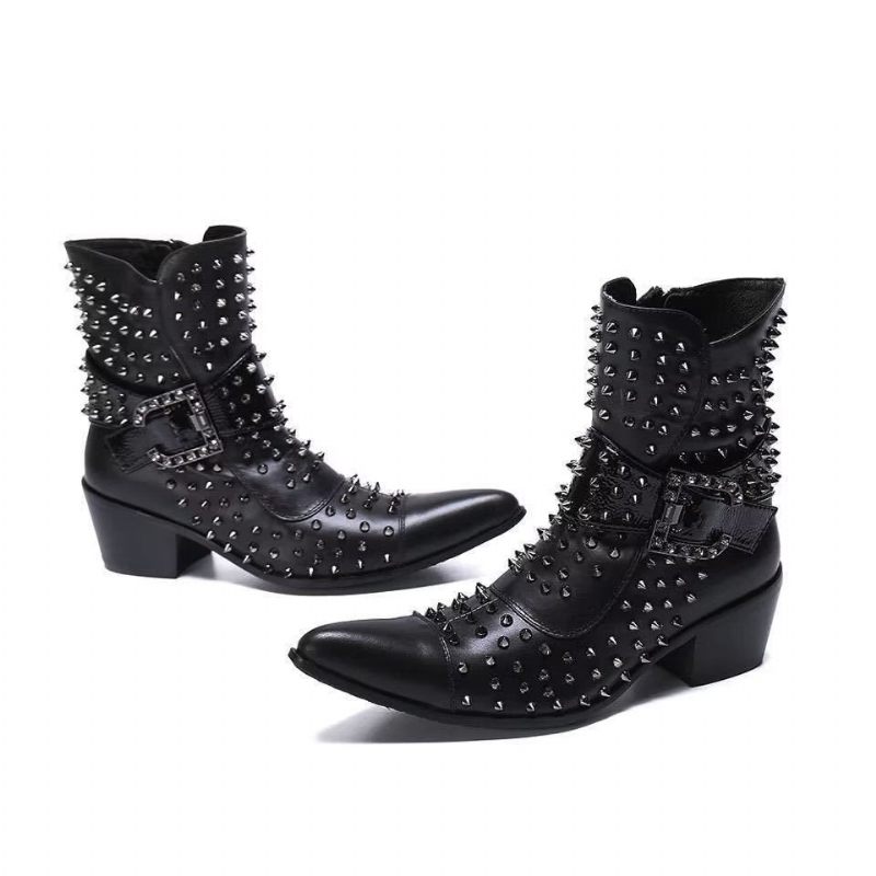 Buty Męskie Efektowne Skórzane Eleganckie Botki - Czarny 1