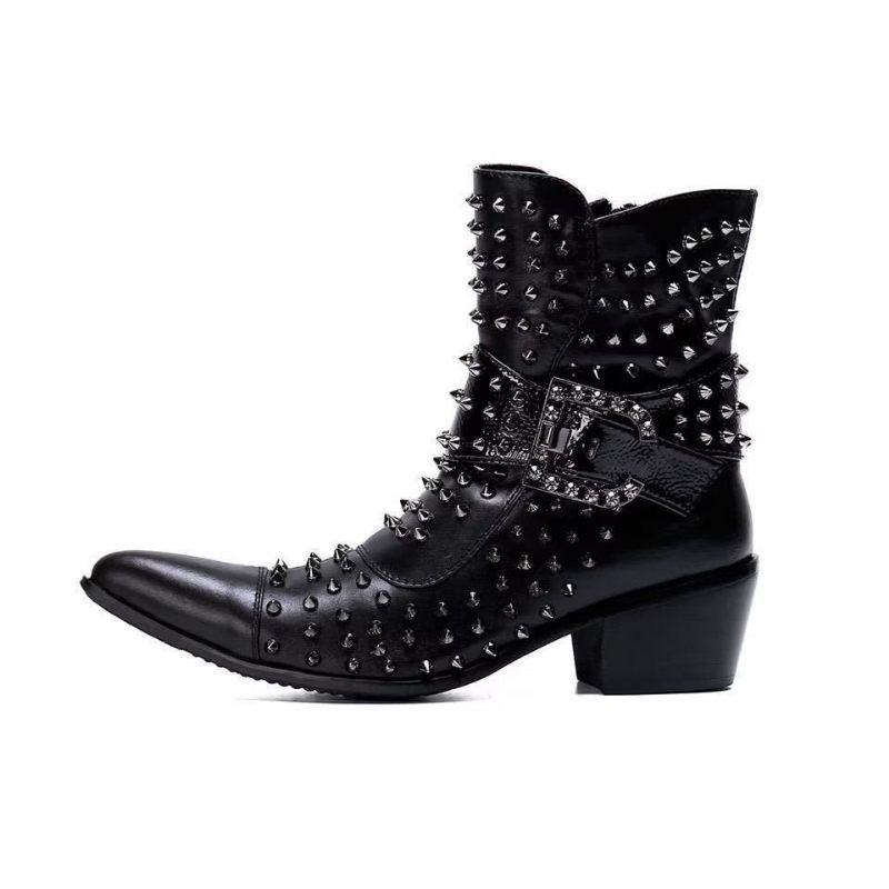 Buty Męskie Efektowne Skórzane Eleganckie Botki - Czarny 1
