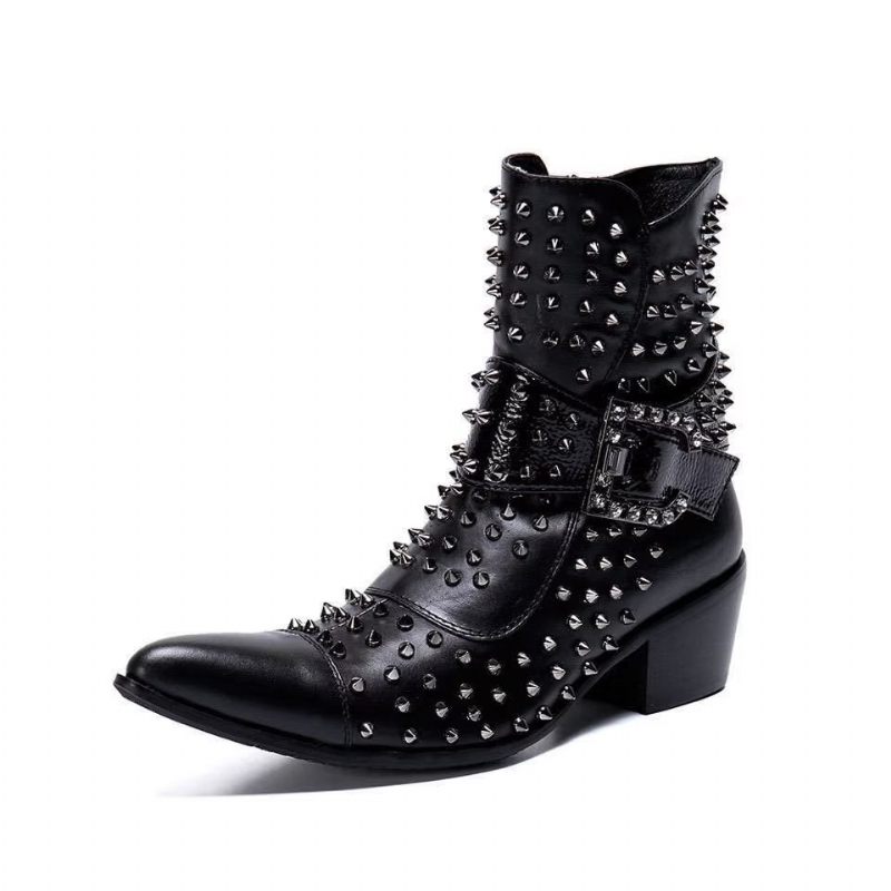 Buty Męskie Efektowne Skórzane Eleganckie Botki - Czarny 1