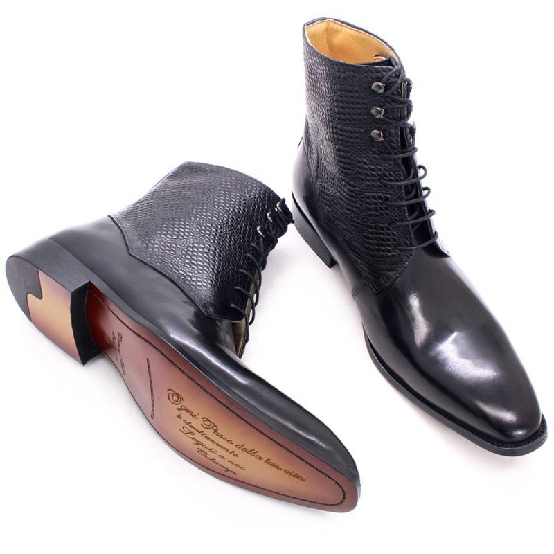 Buty Męskie Eleganckie Botki Ze Skóry Bydlęcej Szpiczastym Noskiem - Czarna