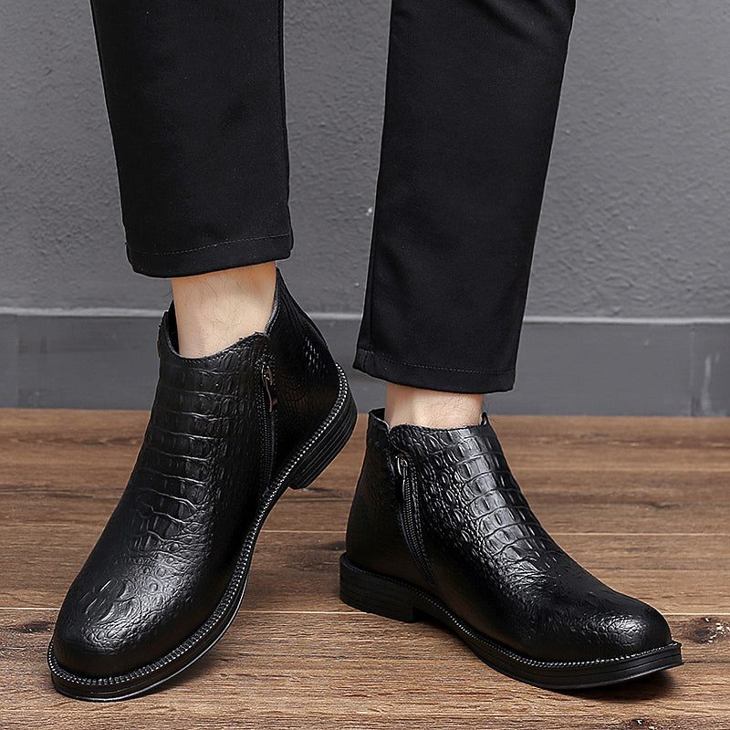 Buty Męskie Luksusowa Skóra Krokodyla Wykończona Futerkiem Modna - Czarna