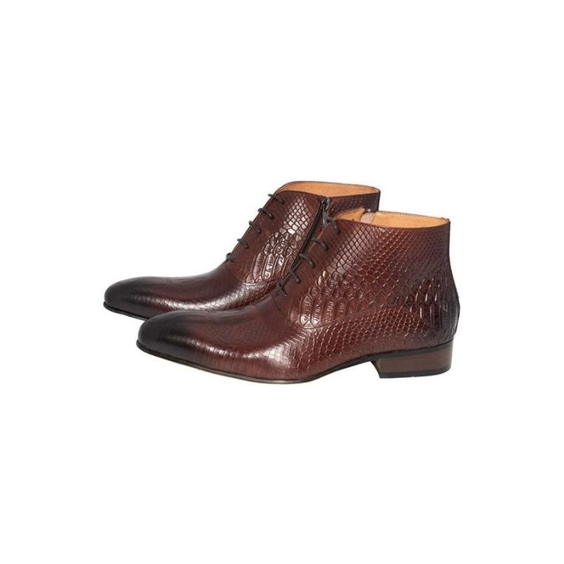 Buty Męskie Luksusowe Eleganckie Skórzane Botki Ze Wzorem Krokodyla - Kawowy