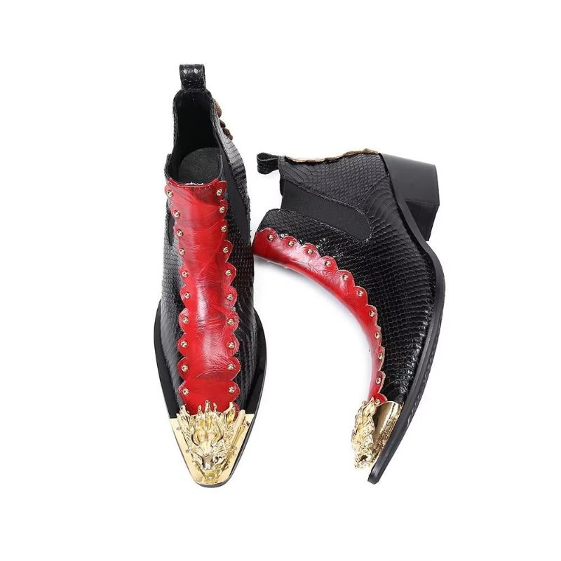 Buty Męskie Skórzane Eleganckie Botki - Czerwony