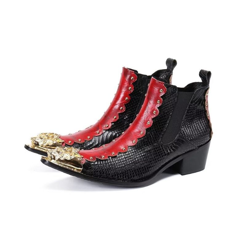 Buty Męskie Skórzane Eleganckie Botki - Czerwony