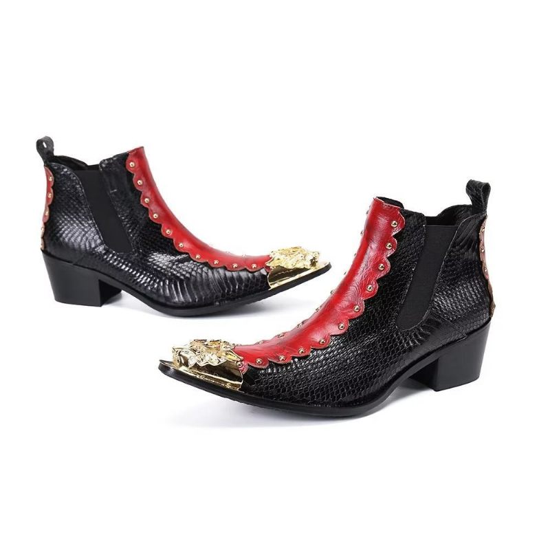 Buty Męskie Skórzane Eleganckie Botki - Czerwony