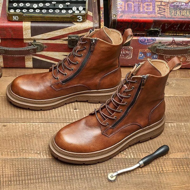 Buty Męskie Skórzane Eleganckie Wsuwane Z Okrągłymi Noskami - Kawa