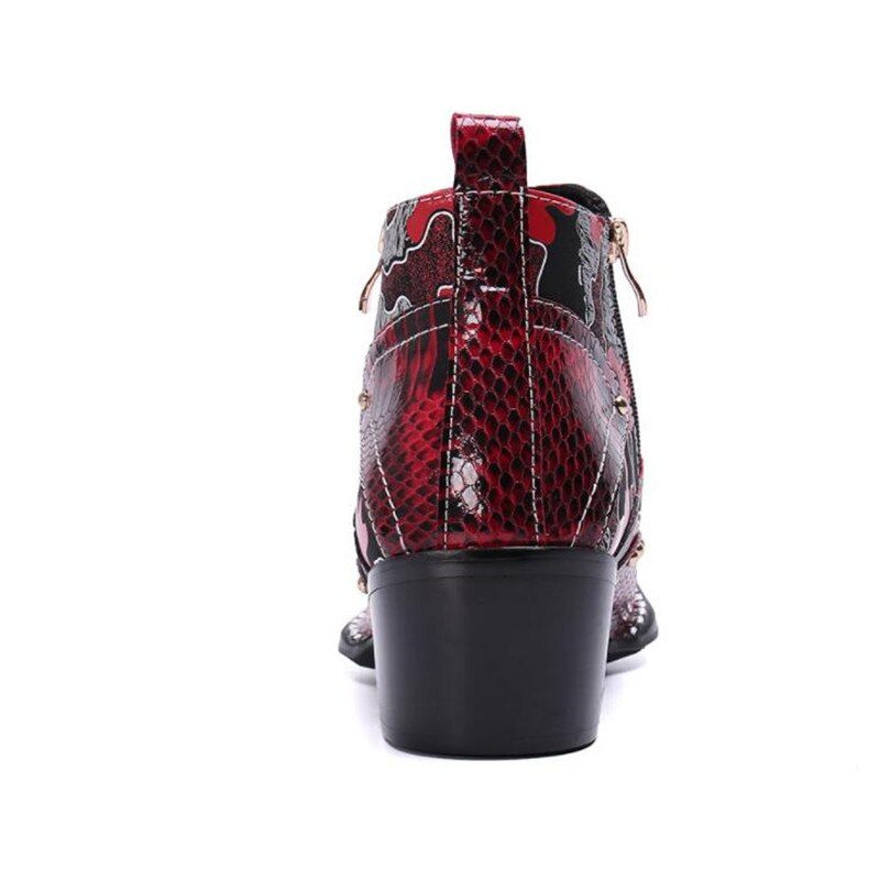 Buty Męskie Skórzane Wężowe Eleganckie Mokasyny Na Wysokim Obcasie - Czerwony