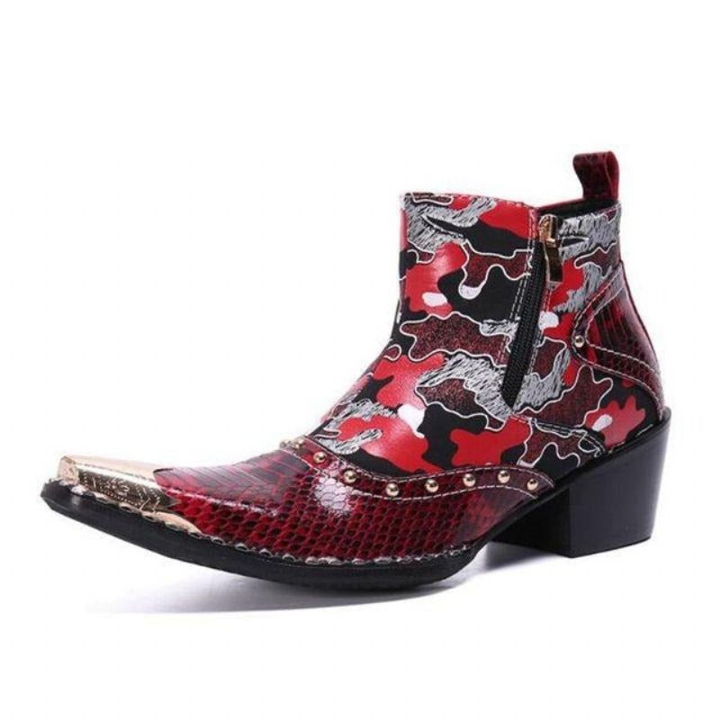 Buty Męskie Skórzane Wężowe Eleganckie Mokasyny Na Wysokim Obcasie - Czerwony