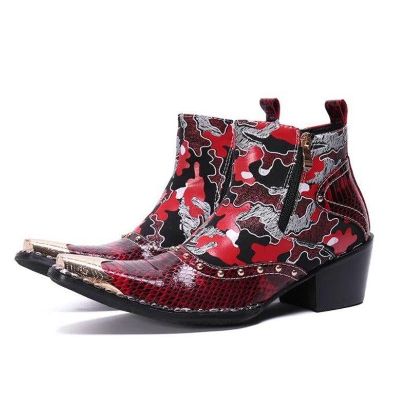Buty Męskie Skórzane Wężowe Eleganckie Mokasyny Na Wysokim Obcasie - Czerwony