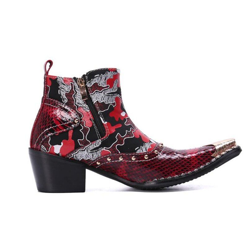 Buty Męskie Skórzane Wężowe Eleganckie Mokasyny Na Wysokim Obcasie - Czerwony