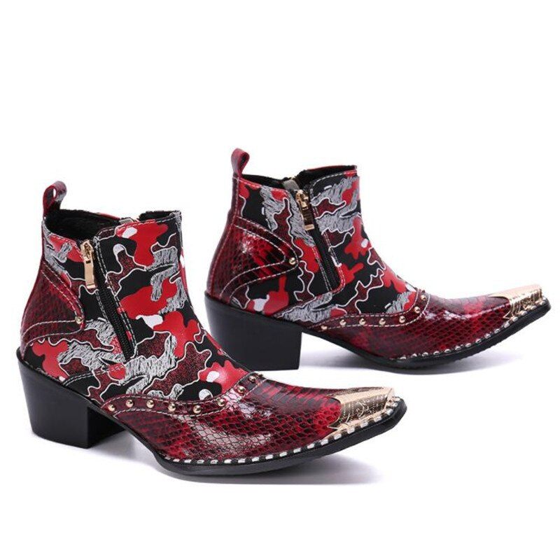 Buty Męskie Skórzane Wężowe Eleganckie Mokasyny Na Wysokim Obcasie - Czerwony