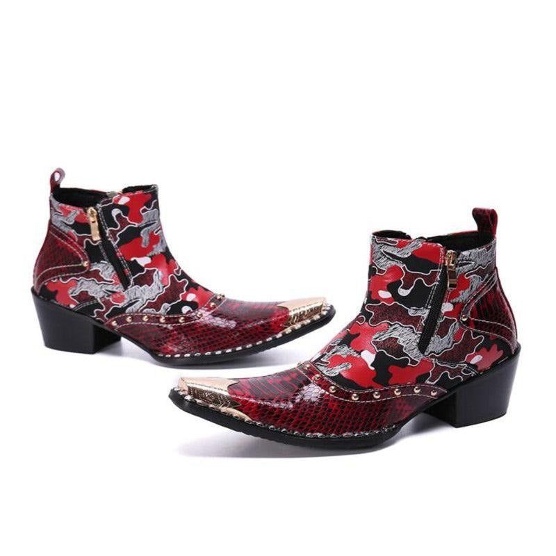Buty Męskie Skórzane Wężowe Eleganckie Mokasyny Na Wysokim Obcasie - Czerwony
