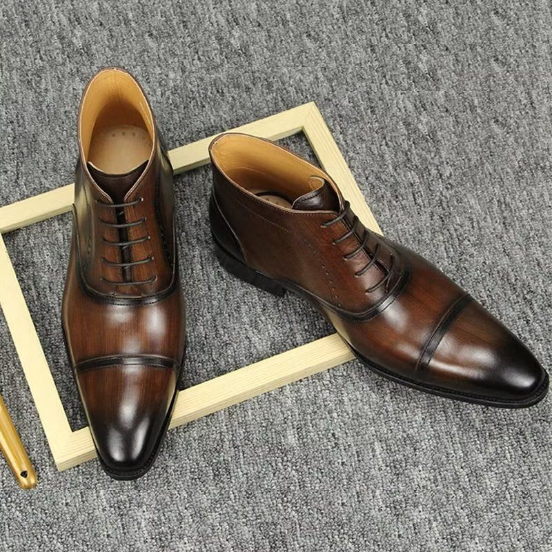 Męskie Buty Eleganckie Biznesowe Za Kostkę Z Prawdziwej Skóry - Kawa