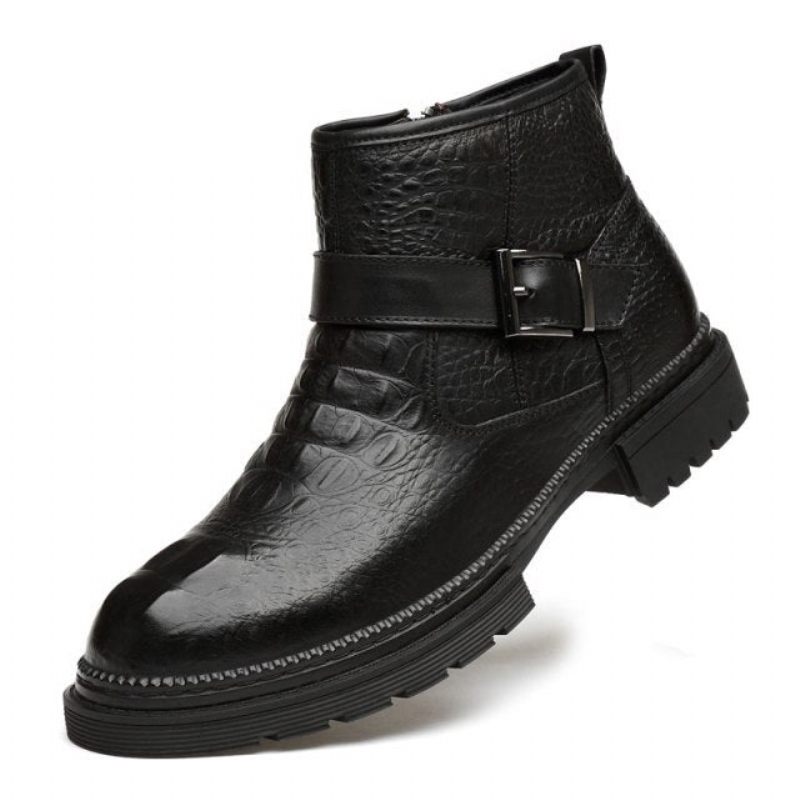 Męskie Buty Eleganckie Robocze Ze Skóry Krokodyla Z Okrągłymi Noskami I Zamkiem Błyskawicznym - Czarny