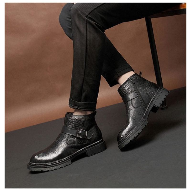 Męskie Buty Eleganckie Robocze Ze Skóry Krokodyla Z Okrągłymi Noskami I Zamkiem Błyskawicznym - Czarny