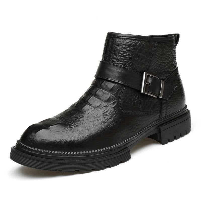 Męskie Buty Eleganckie Robocze Ze Skóry Krokodyla Z Okrągłymi Noskami I Zamkiem Błyskawicznym - Czarny
