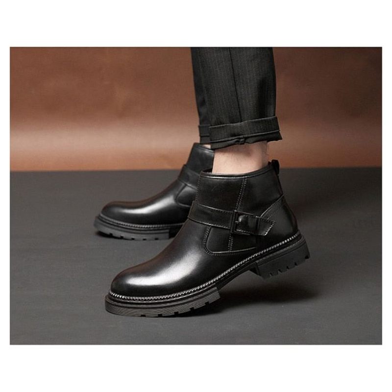 Męskie Buty Eleganckie Robocze Ze Skóry Krokodyla Z Okrągłymi Noskami I Zamkiem Błyskawicznym - Czarny Gładki