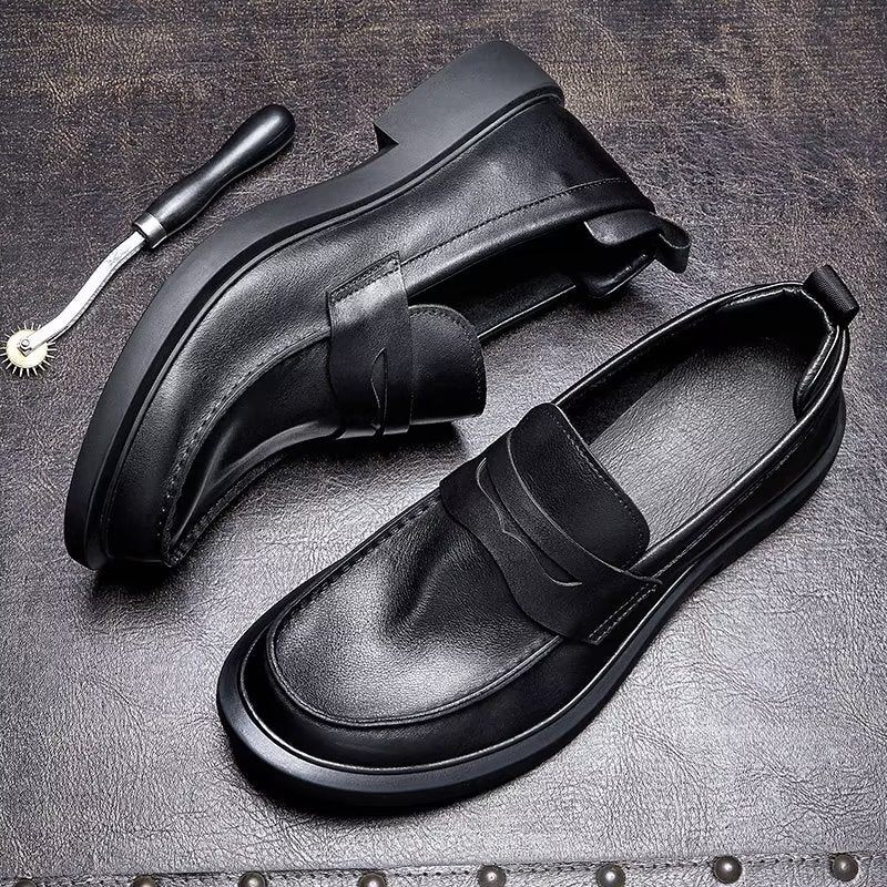 Męskie Buty Na Co Dzień Luksusowe Skórzane Wsuwane Eleganckie Okrągłe Noski - Czarny
