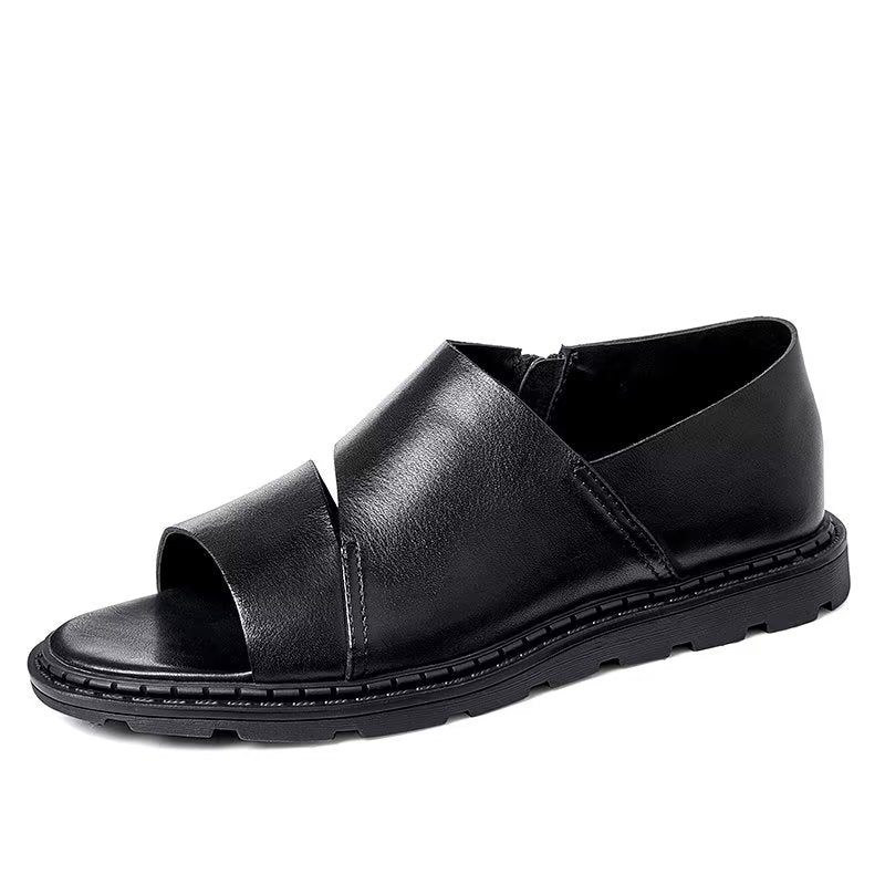 Męskie Buty Na Co Dzień Skórzane Sandały Z Odkrytymi Palcami - Czarna