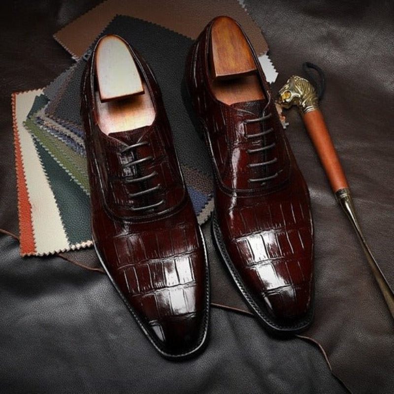 Męskie Buty Wizytowe Crocdress Luksusowe Formalne Oxford W Krokodylowy Wzór - Czerwony