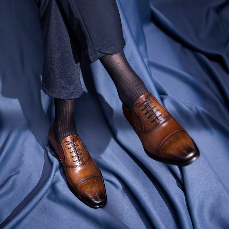 Męskie Buty Wizytowe Egzotyczne Oxford Ze Skóry Bydlęcej - Kawa