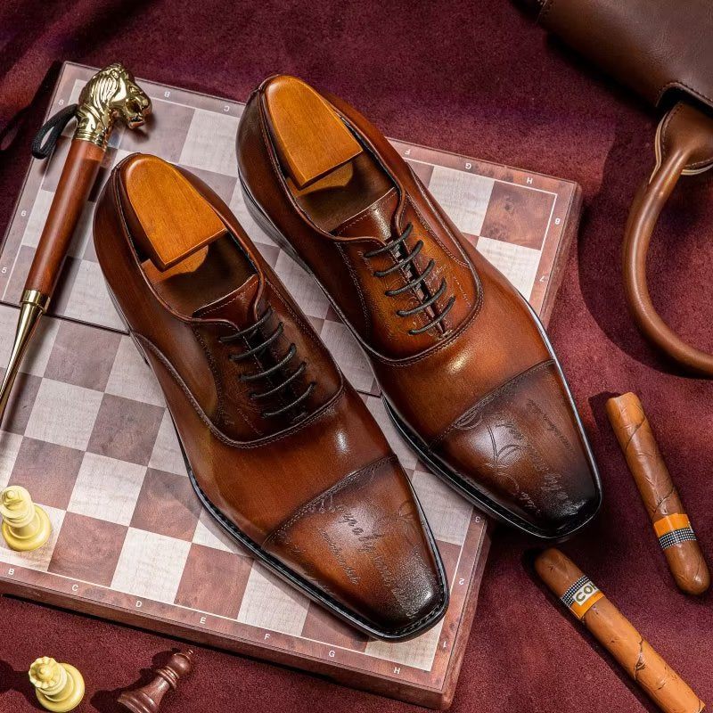 Męskie Buty Wizytowe Egzotyczne Oxford Ze Skóry Bydlęcej - Kawa