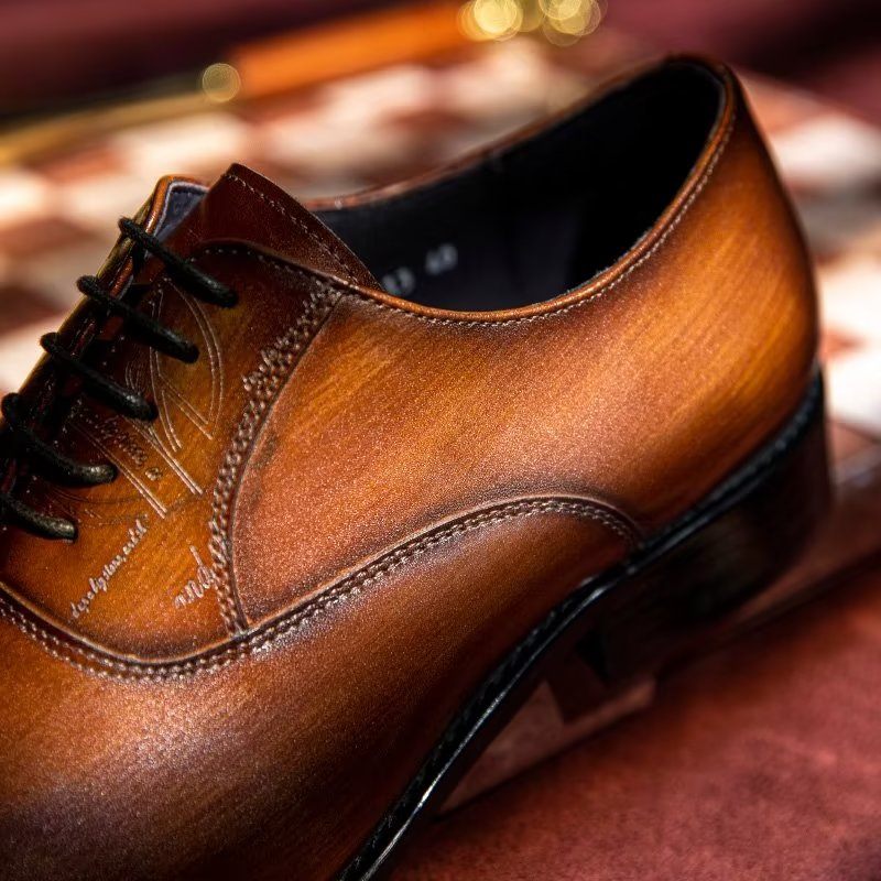 Męskie Buty Wizytowe Egzotyczne Oxford Ze Skóry Bydlęcej - Kawa