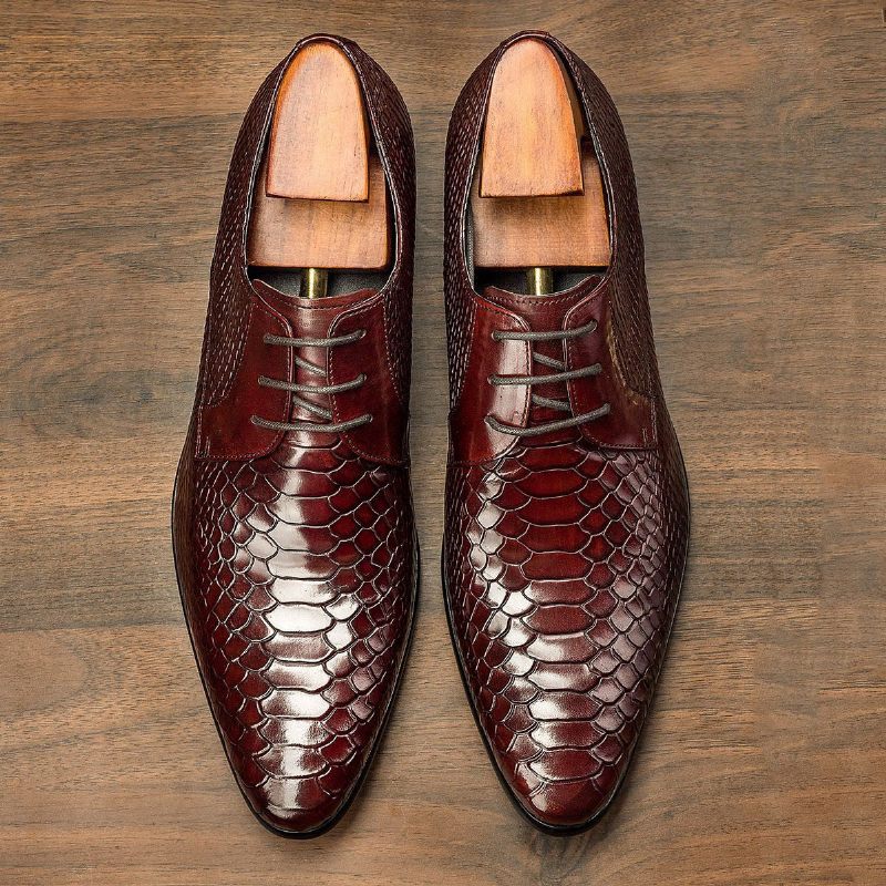 Męskie Buty Wizytowe Egzotyczne Sznurowane Typu Oxford W Stylu Retro Ze Skrzydełkami - Czerwony