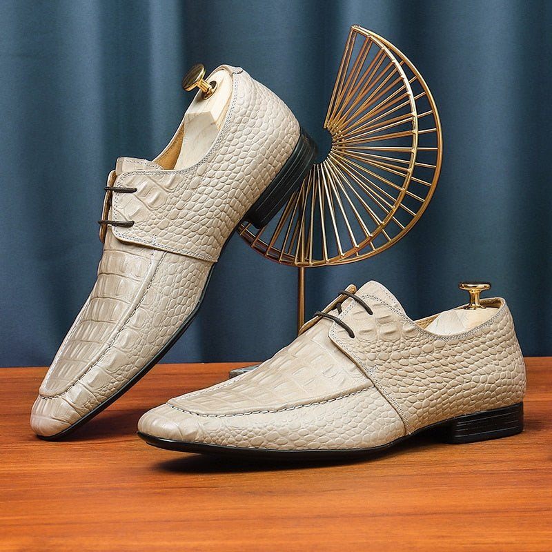 Męskie Buty Wizytowe Eleganckie Skórzane Krokodyle Białe Egzotyczne Ze Szpicem Luksusowe - Biały
