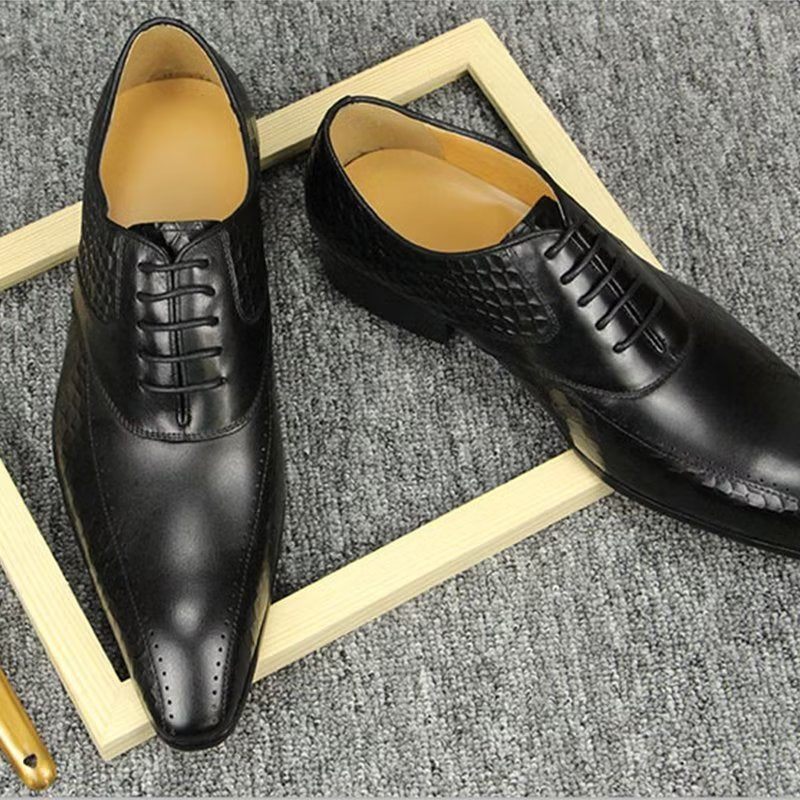 Męskie Buty Wizytowe Eleganckie Skórzane Ślubne Z Akcentem - Czarny