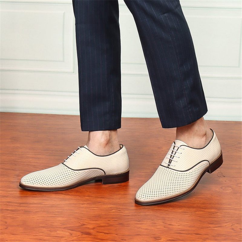 Męskie Buty Wizytowe Eleganckie Sznurowane Ślubne Ze Szpiczastymi Noskami - Biały