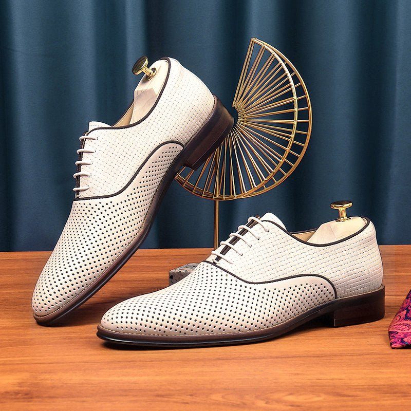 Męskie Buty Wizytowe Eleganckie Sznurowane Ślubne Ze Szpiczastymi Noskami - Biały